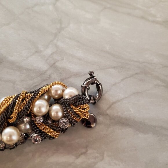 ✨ Vintage J.Crew Pearl Chain Twisted Rhinestones Crystals Statement Bracelet ✨ - Picture 5 of 12